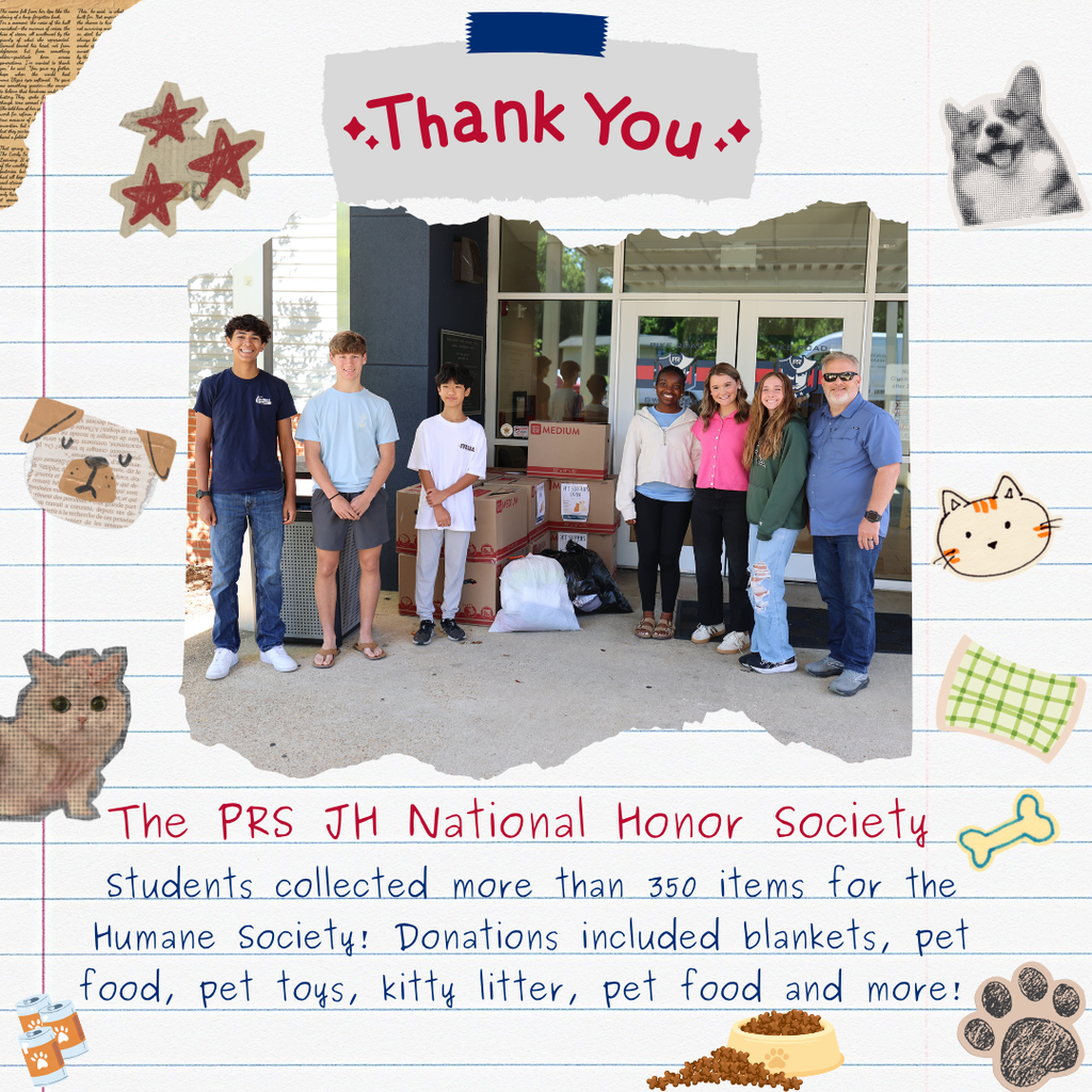 A scrapbook-style graphic featuring a photo of six Pike Road Jr. High students and an adult standing outside with boxes and bags of donations. The image is decorated with cartoon illustrations of a dog and a cat, red stars, and a blue taped sign that says "Thank You."