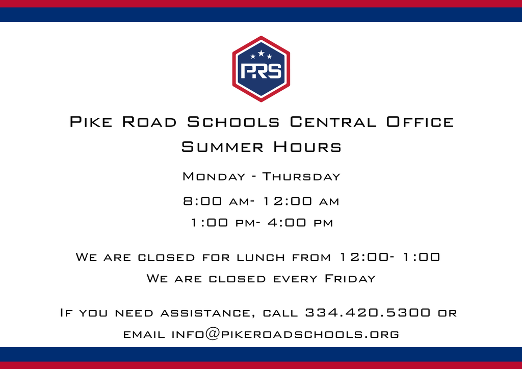 PRS Central Office Summer Hours: Monday - Thursday, 8-12 & 1-4. We are closed for lunch everyday from 12-1 and we are closed on Fridays.