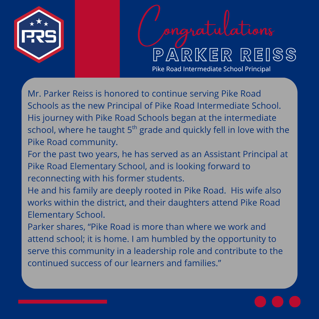 Graphic welcoming Parker Reiss as new Principal of PRIS.