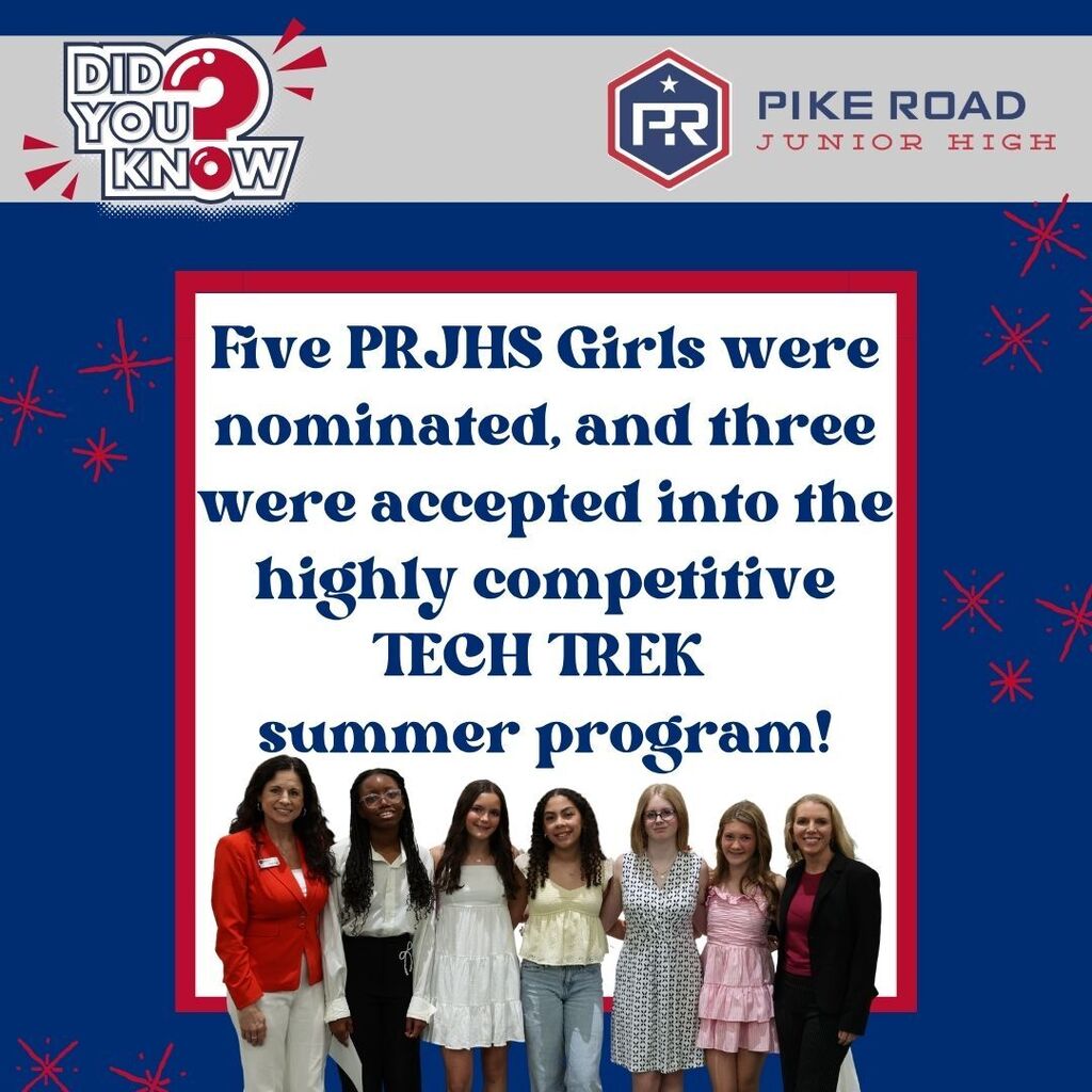 Graphic congratulating 5 female students nominated (and three accepted) into the Tech Trek summer program