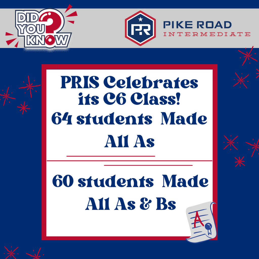 Graphic with a blue and white background that reads: "64 students Made All As" and "60 students Made All Bs". It features red accent lines and a small illustration of a diploma in the bottom right corner