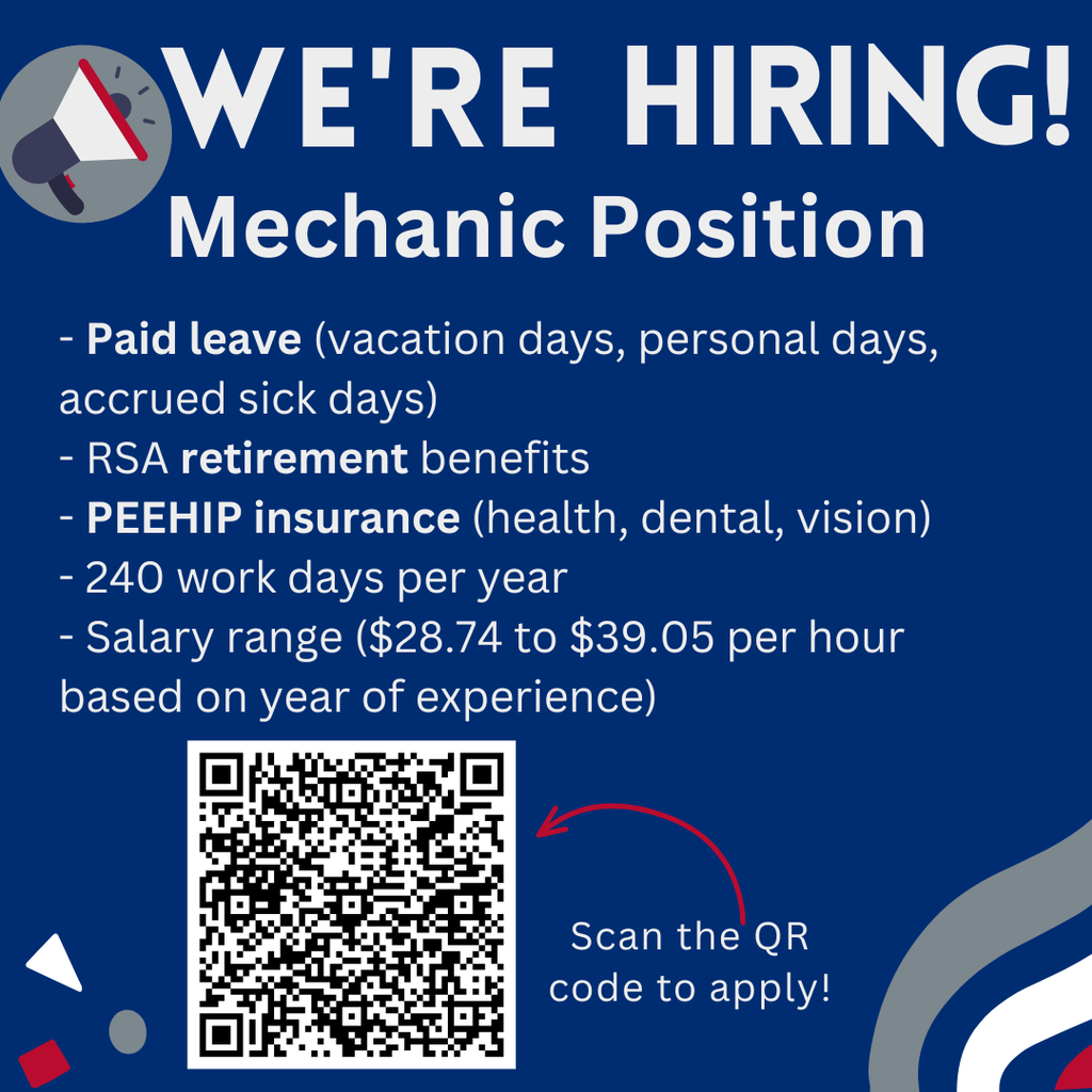 A promotional job graphic on a dark blue background detailing benefits and compensation. The text lists benefits including paid leave (vacation days, personal days, accrued sick days), RSA retirement benefits, PEEHIP insurance (health, dental, vision), and 240 work days per year. It states a salary range of $28.74 to $39.05 per hour based on years of experience. A large QR code is featured prominently on the left with a red arrow pointing to it, accompanied by the text "Scan the QR code to apply!"
