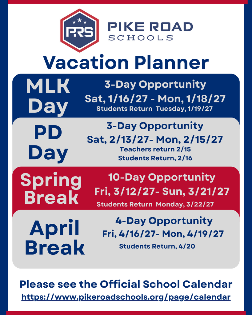 Graphic outlining upcoming school breaks and return dates for the 2027 school year:  PD Day (Professional Development): Saturday, February 13, 2027, to Monday, February 15, 2027. Teachers return February 15; students return February 16.  Spring Break (10-Day Opportunity): Friday, March 12, 2027, to Sunday, March 21, 2027. Students return Monday, March 22, 2027.  April Break (4-Day Opportunity): Friday, April 16, 2027, to Monday, April 19, 2027. Students return April 20.  At the bottom, it notes: "Please see the Official School Calendar pikeroadschools.org/page/calendar".