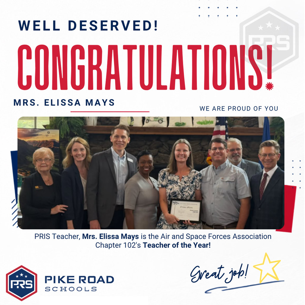 Mrs. Mays was named the Air and Space Forces Association Chapter 102's Teacher of the Year.  Congratulations, Mrs. Mays!