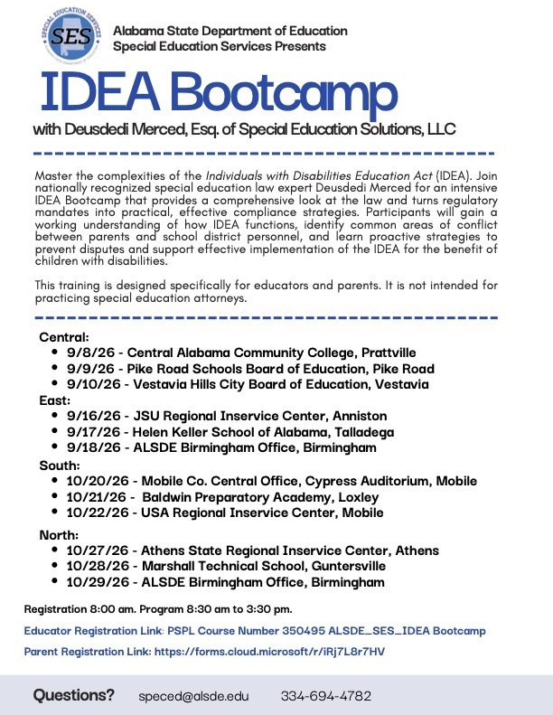 Master the complexities of the Individuals with Disabilities Education Act (IDEA). Join nationally recognized special education law expert Deusdedi Merced for an intensive IDEA Bootcamp that provides a comprehensive look at the law and turns regulatory mandates into practical, effective compliance strategies. Participants will gain a working understanding of how IDEA functions, identify common areas of conflict between parents and school district personnel, and learn proactive strategies to prevent disputes and support effective implementation of the IDEA for the benefit of children with disabilities. This training is designed specifically for educators and parents. It is not intended for practicing special education attorneys.