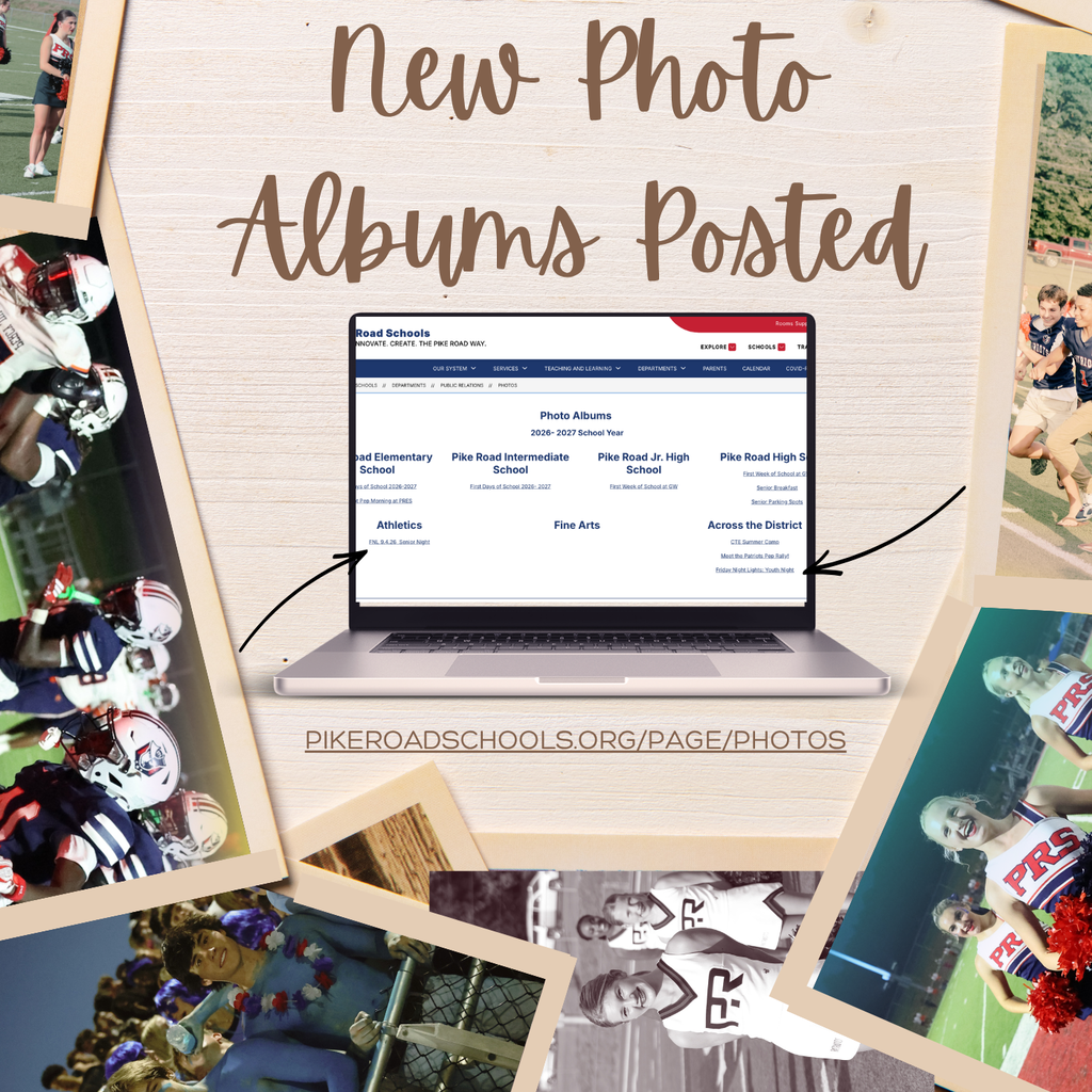 Graphic titled "New Photo Albums Posted" featuring a laptop showing the Pike Road Schools photo gallery page surrounded by a collage of photos from school sports and activities. URL listed: pikeroadschools.org/page/photos.