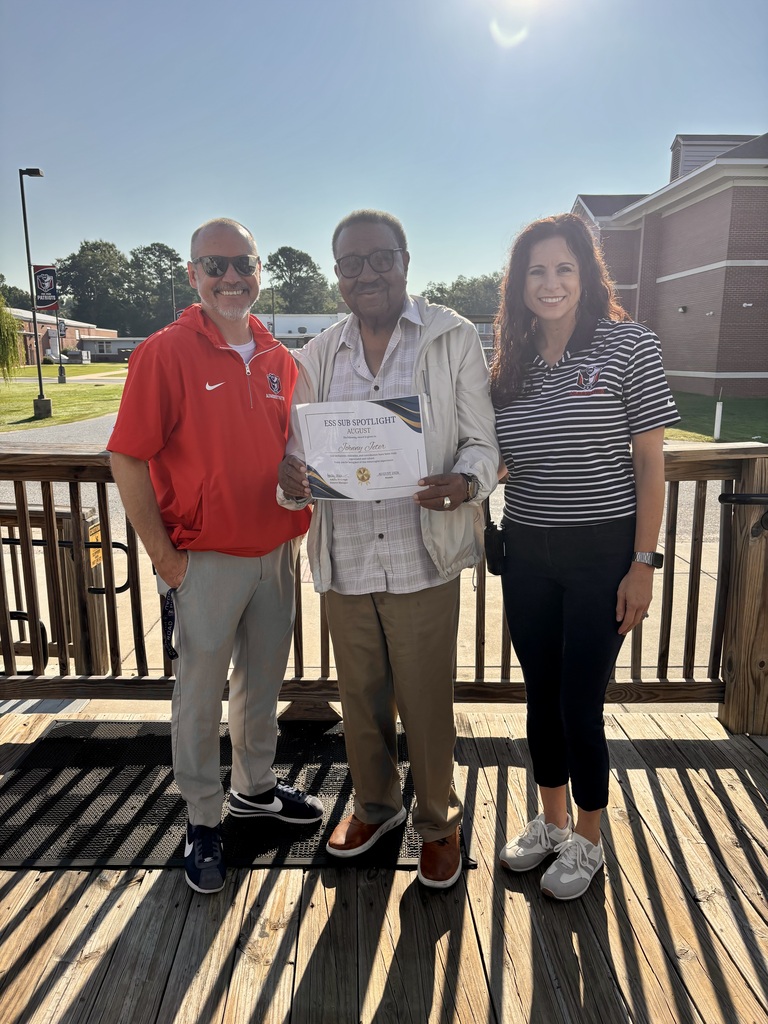 picture with High School principal, Mr. Traylor and Middle school principal, Mrs. Wright, standing with Mr. Jeter- the ESS Sub Spotlight for September