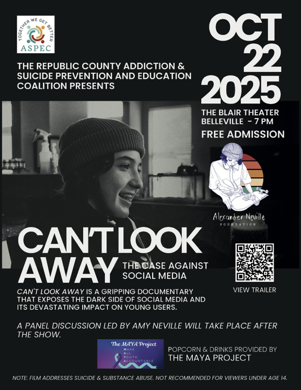 Can't Look Away movie flyer for event at Blair Theatre in Belleville at 7 p.m. October 22, 2025
