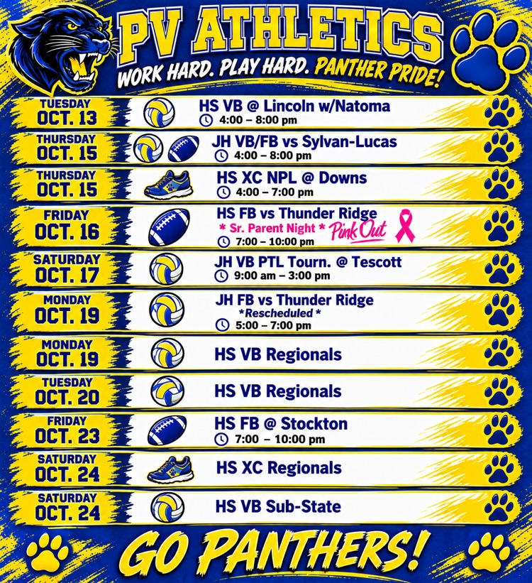 A sports schedule poster with a paw print border. It lists high school and junior high sports events from October 13-24.