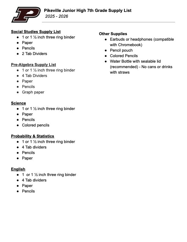 7th Grade Supplies List