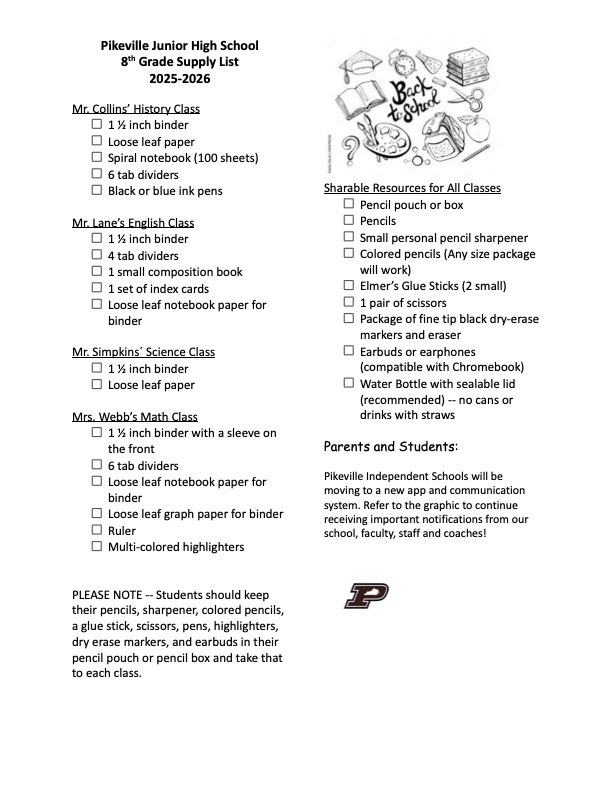 8th Grade Supply List