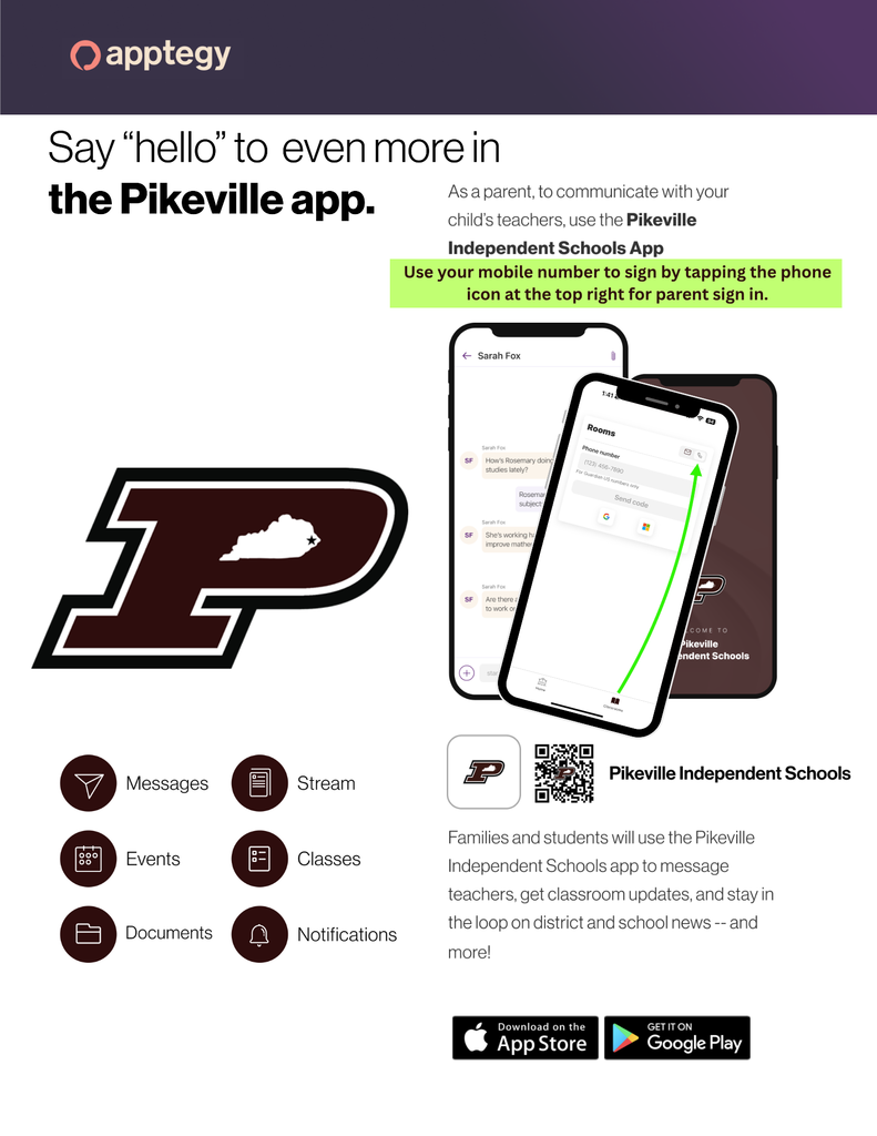 Parents can sign-in to the Pikeville App using their cell phone number 