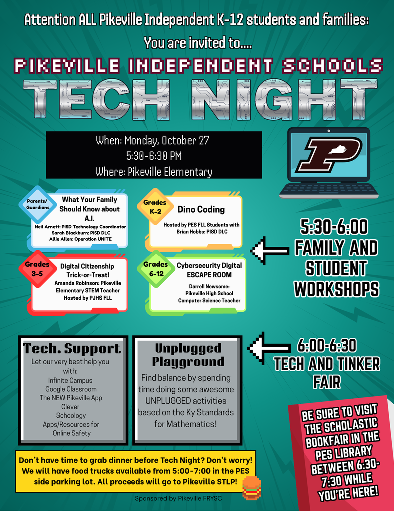 Family Tech Night Oct 27th 5:00pm - 6:00pm at Pikeville Elem - grades K-12