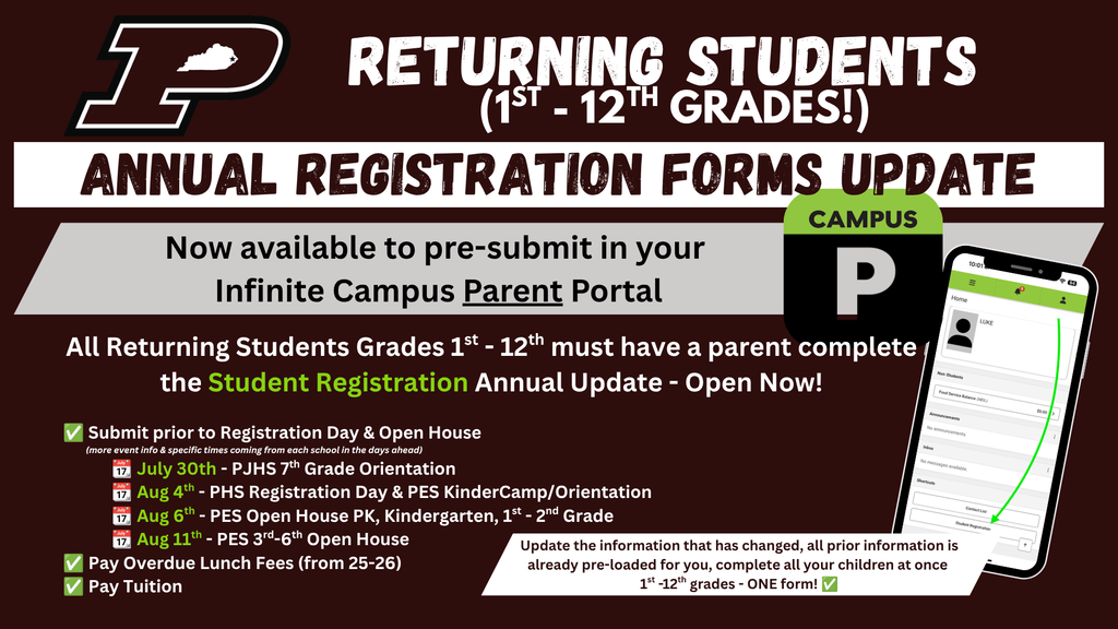 Back to School dates coming up! Annual Registration Updates available in parent portal