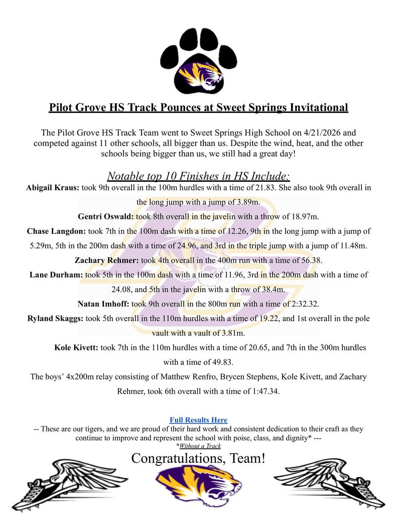 PG Track Results at Sweet Springs