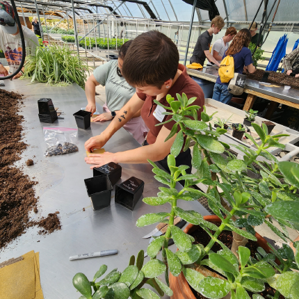 Youth adding seeds and dirt to plastic container