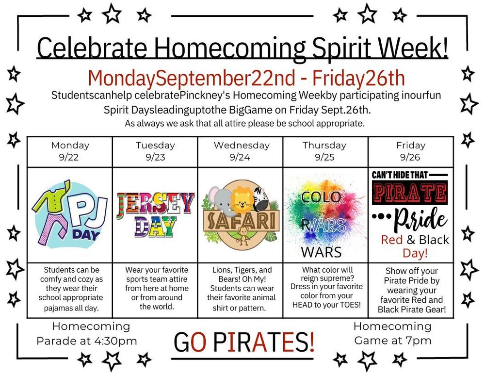PCS Spirit week calendar