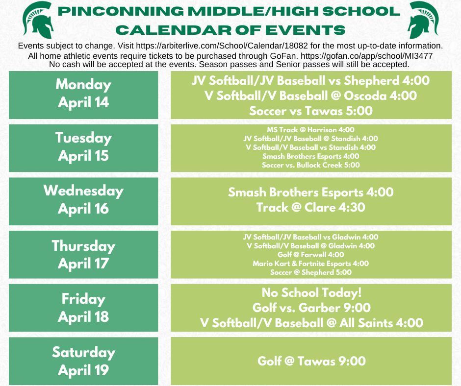 calendar of events for the week of April 14 to April 19.