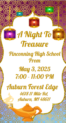 Graphic advertising prom information. It shows lanterns and a magic lamp. The theme is a night to treasure, date is May 3, 2025, and the location is Forest Edge in Auburn, MI.