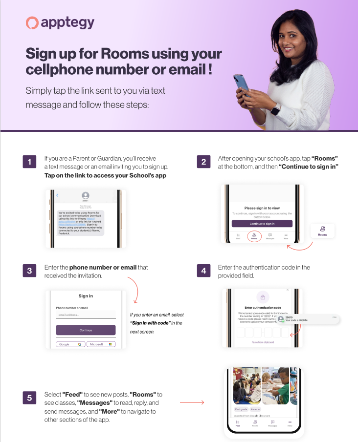Picutres showing how to sign up for Rooms.