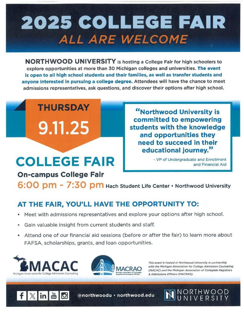 Flyer showing the information about Northwood University's College Fair