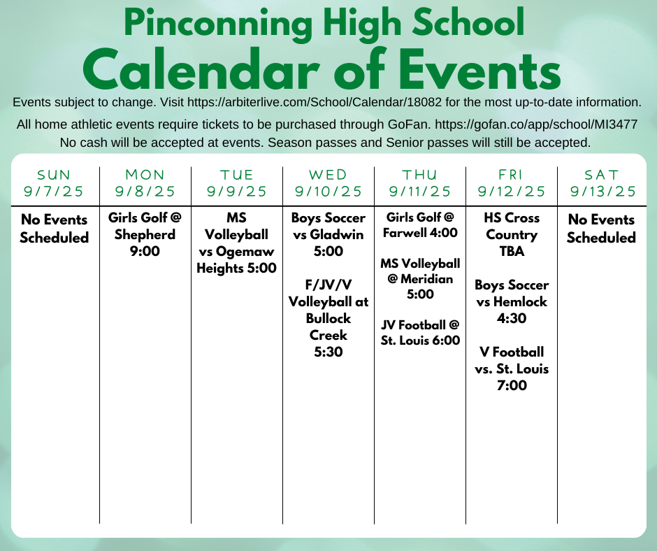 Calendar showing school events happening 9/7 to 9/13