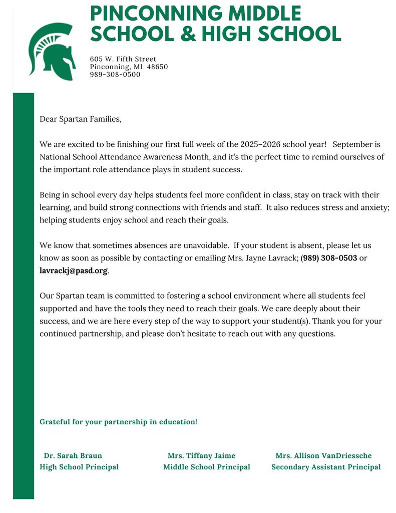 Pinconning MS/HS Attendance Letter to Families