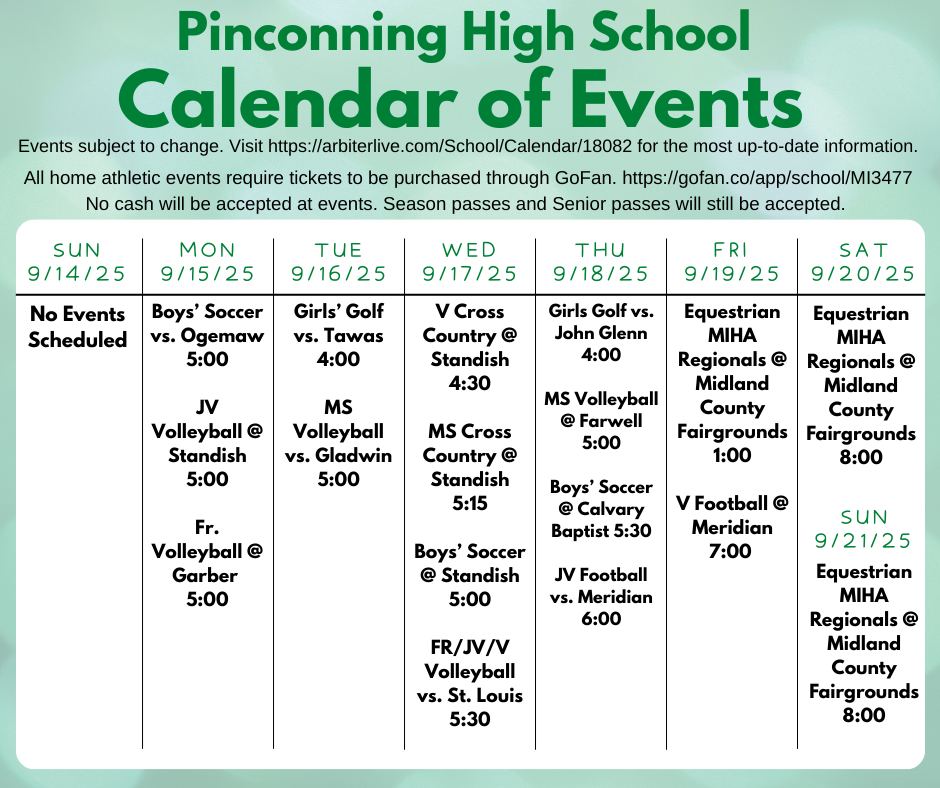 Calendar showing the events for the week of Sept 14 to 20