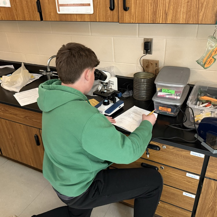 Student wearing green sweatshirt looking into a microscope