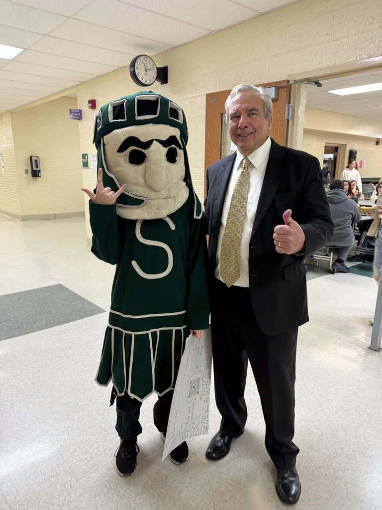 Sparty with Judge Sheeran in the PHS hall.