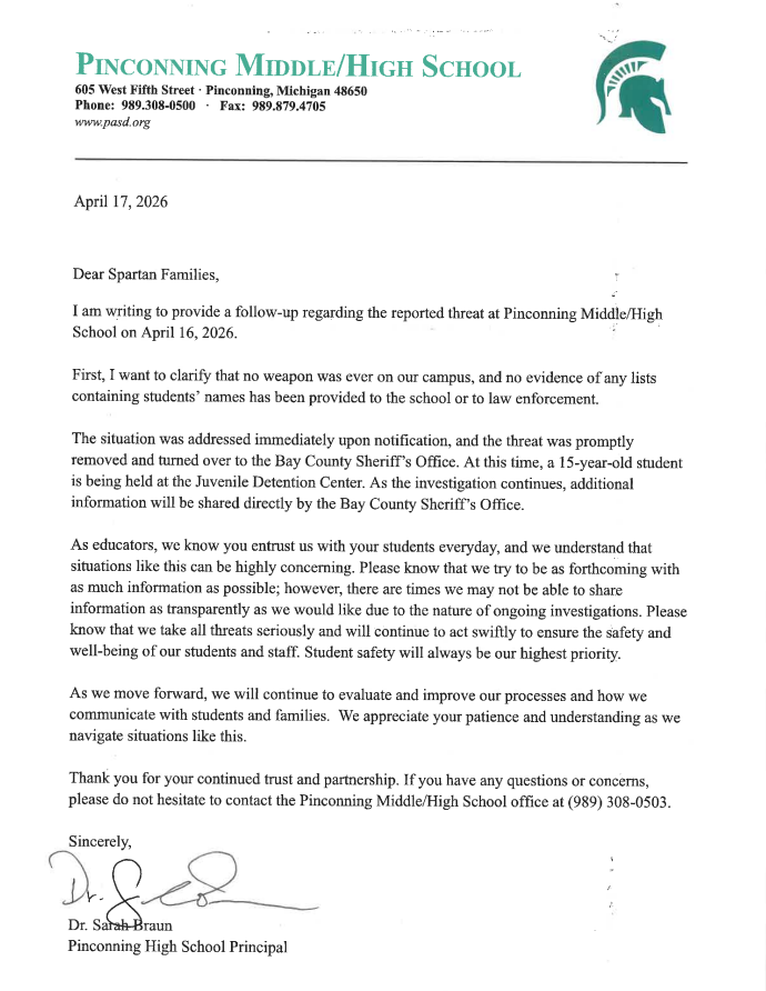 Letter from Dr. Braun regarding a recent threat.