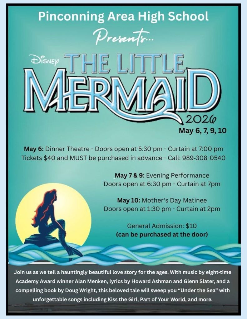 Info for the Little Mermaid show dates and times. Picture of a mermaid.