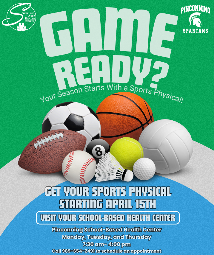 Sports equipment with info on physicals for athletes.