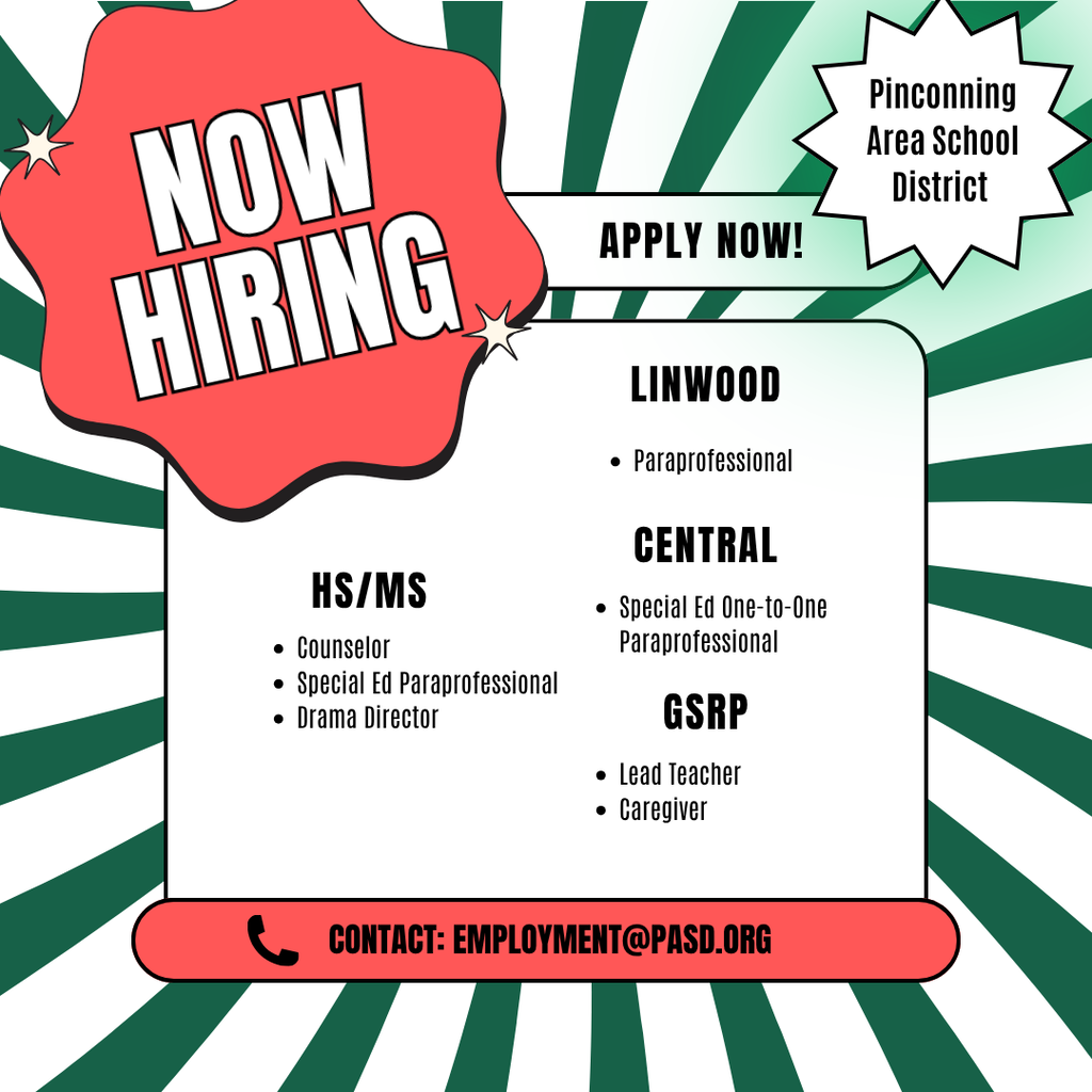 Green and white strips around a listing of availabe jobs at PASD..