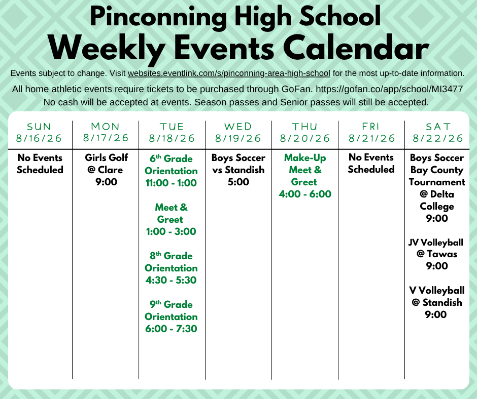 Weekly calendar of events for August 16 to 22