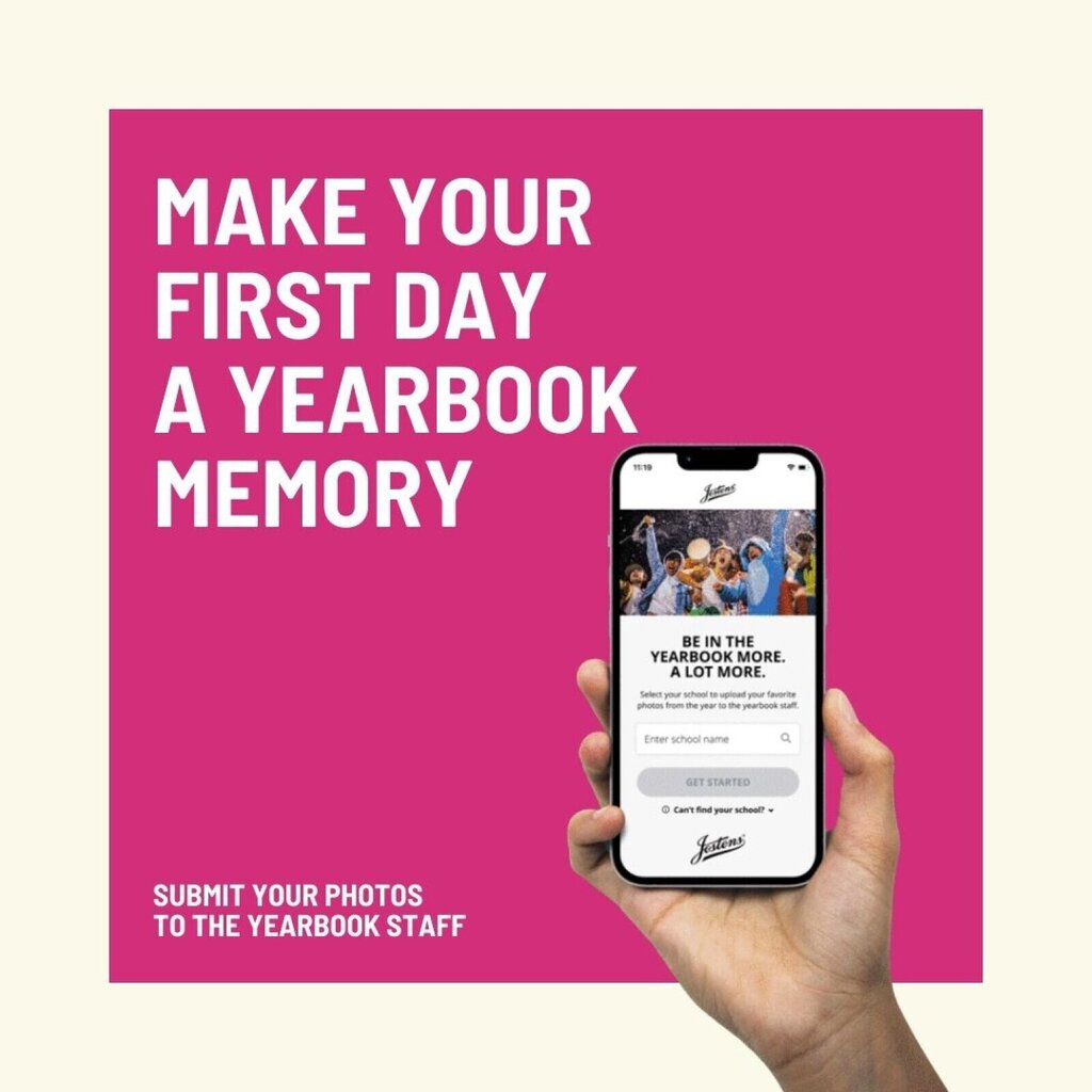 A hand holding a cell phone showing the Jostens website. Text says make your first day a yearbook memory.