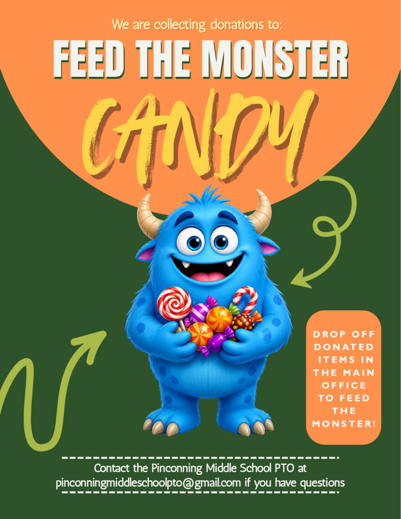 Feed the Monster” donation drive graphic featuring a blue monster. Donations can be dropped off in the Pinconning Middle School main office. Contact the Pinconning Middle School PTO at pinconningmiddleschoolpto@gmail.com with questions.