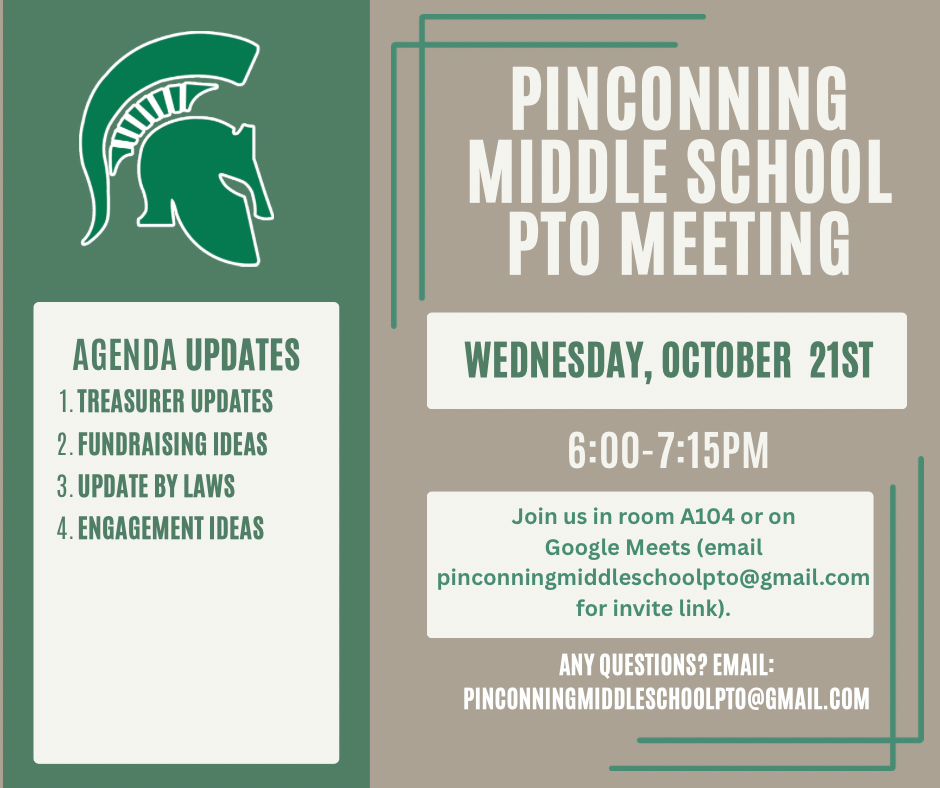 “Pinconning Middle School PTO meeting graphic with the date, time, location, virtual meeting option, and agenda updates including fundraising, bylaws, and engagement ideas.”