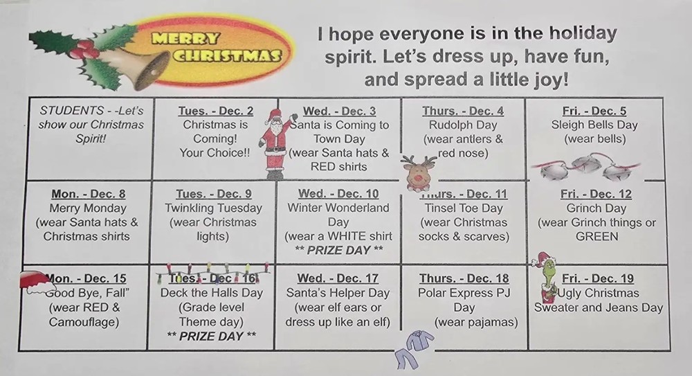 Christmas spirit days calendar