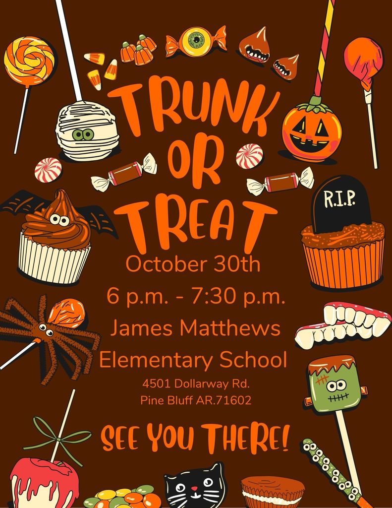 Families, you are invited to attend our annual Trunk or Treat Festivities on October 30th. Come on out for a Spooky good time there will be candy, music, guest speakers and educational games.