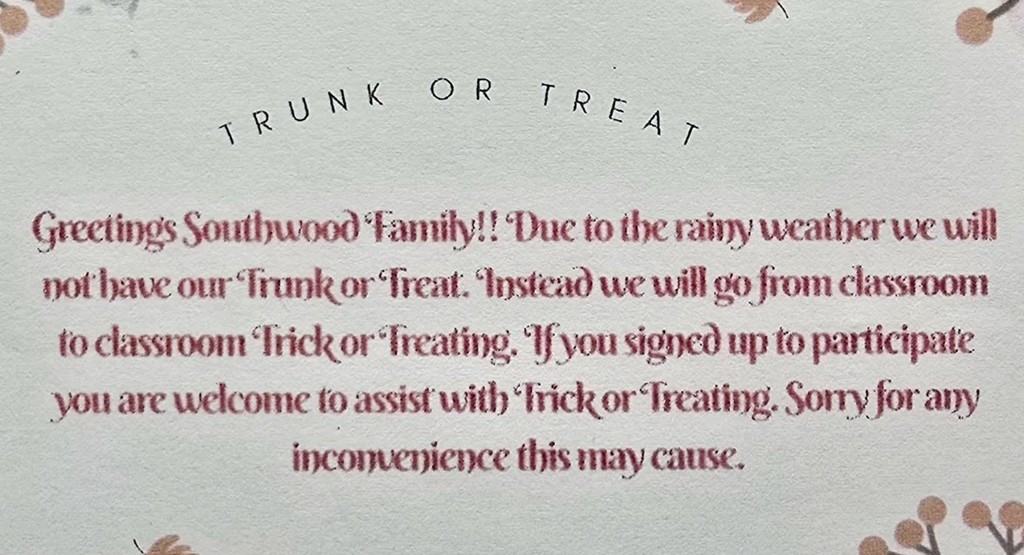 Trunk or Treat canceled; trick or treating from the classrooms instead