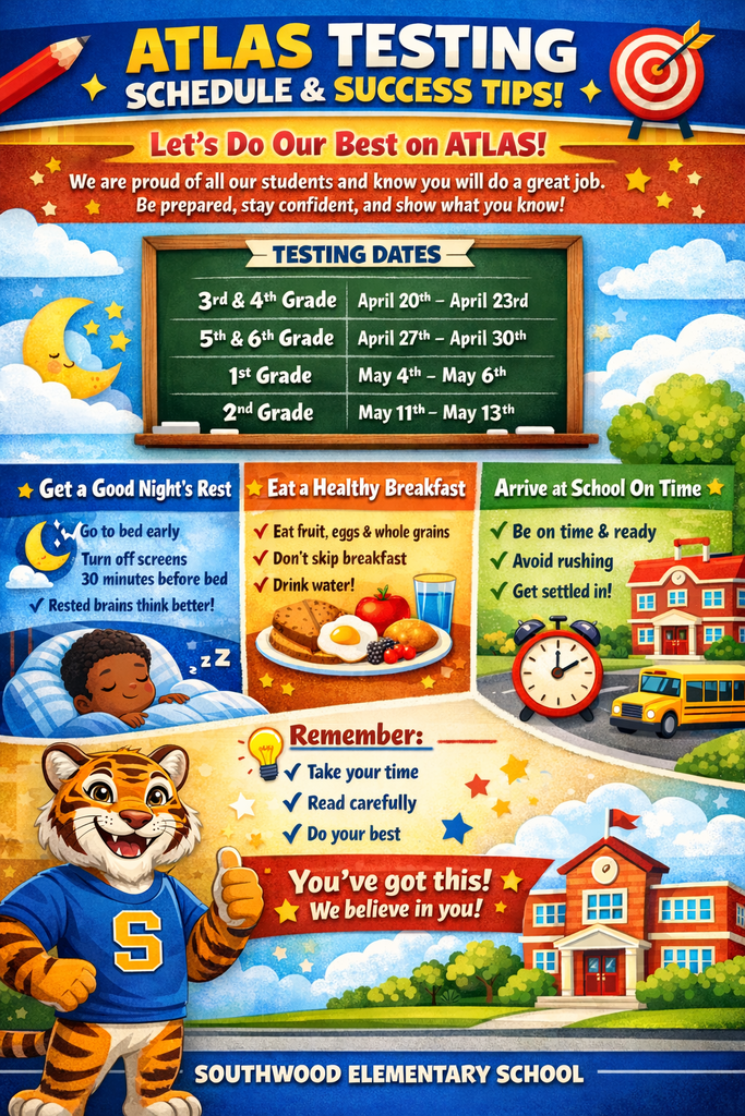 An infographic lists testing dates, tips for students, and a tiger mascot. School buildings and a bus are in the background.