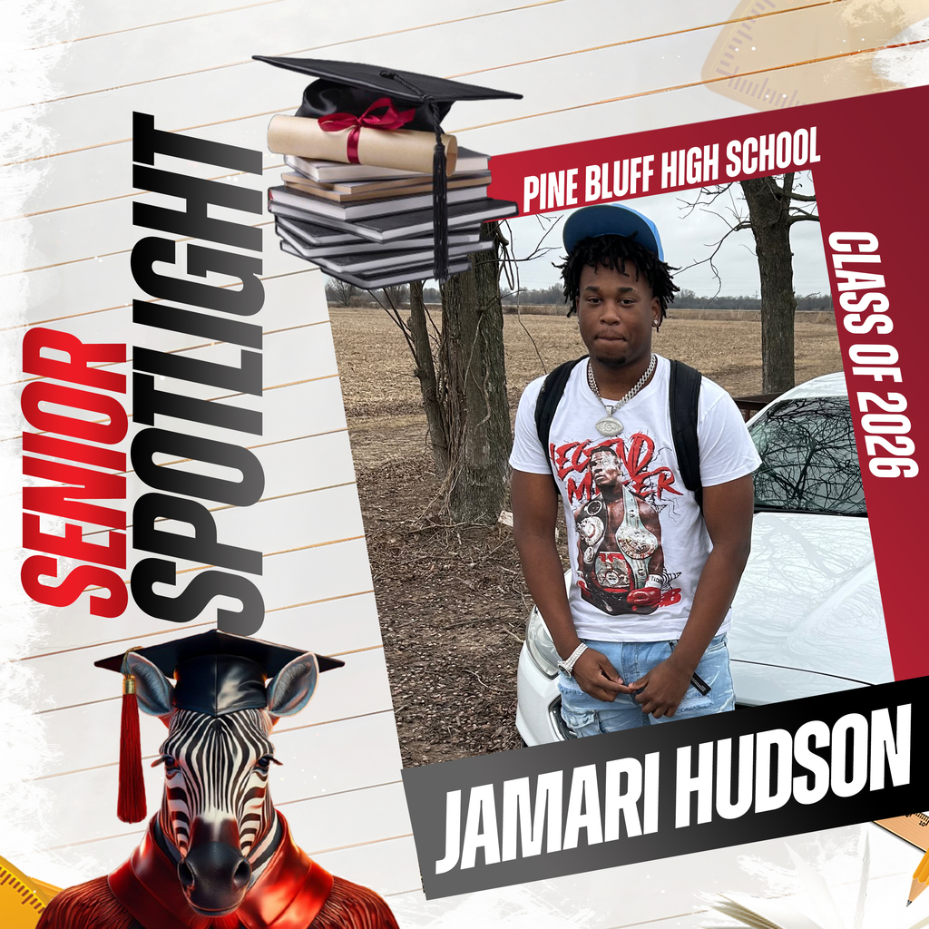 A collage includes a young man wearing a cap and backpack, a zebra, and school items. Text reads "Senior Spotlight" and "Jamari Hudson."