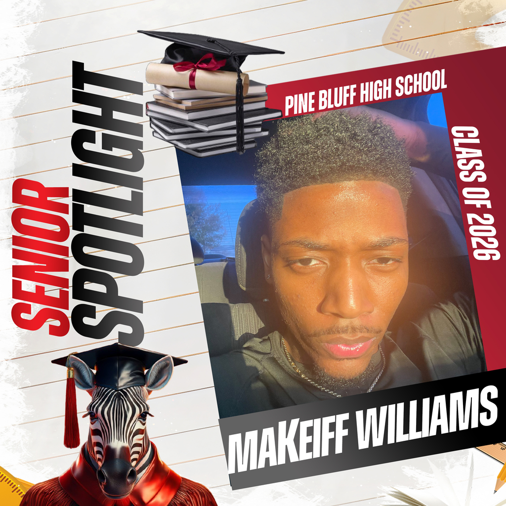 A school banner for Makeiff Williams from Pine Bluff High School. It includes a photo, graduation cap, and graduation gown.