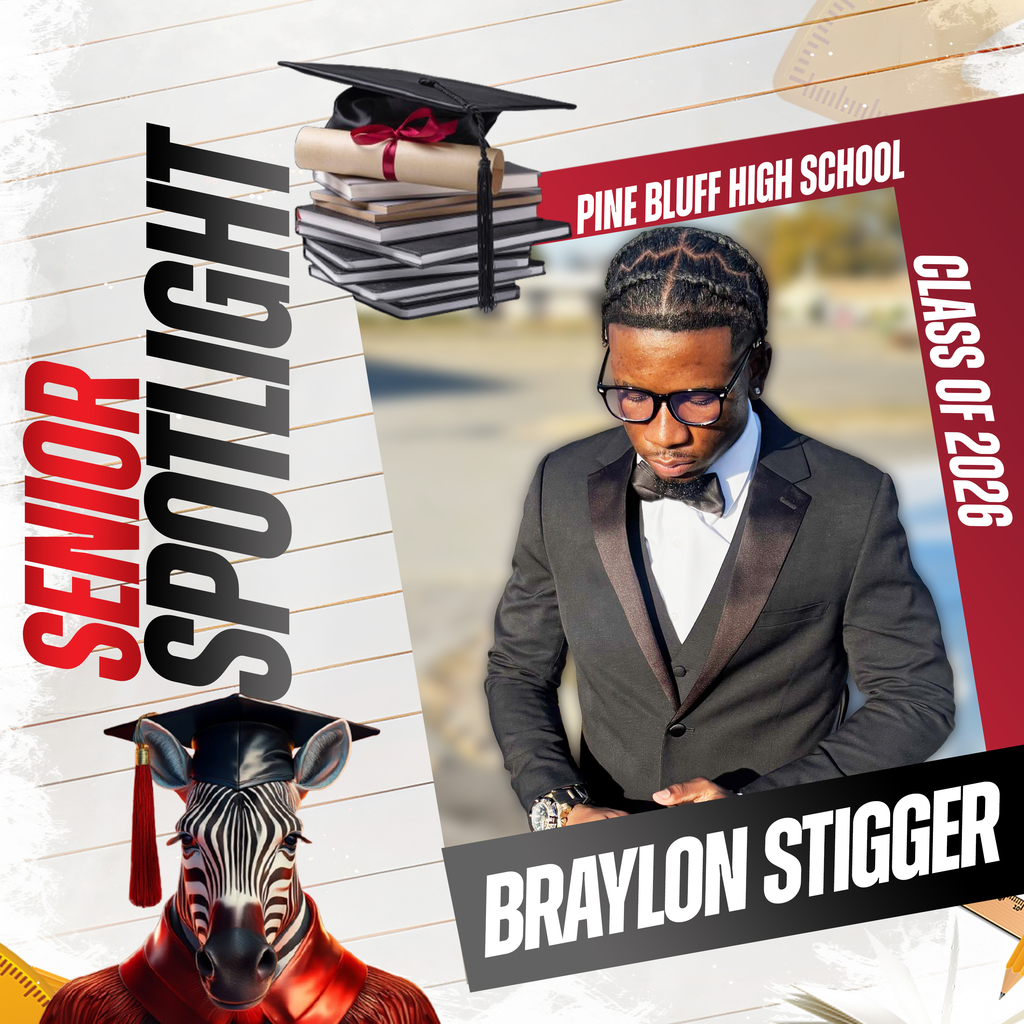 A poster featuring a student in formal wear. The poster has "SENIOR SPOTLIGHT" and "PINE BLUFF HIGH SCHOOL" text.