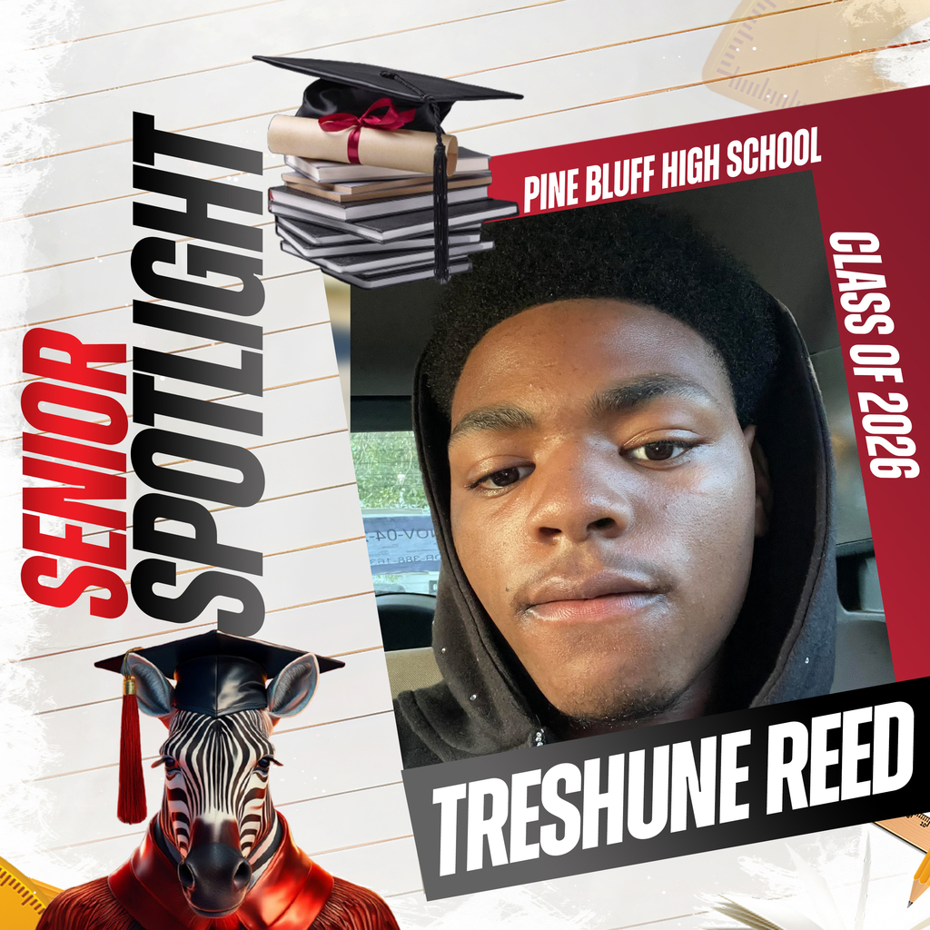 A collage of text, photos, and graphics on a red background. A student photo and name, "Treshun Reed."