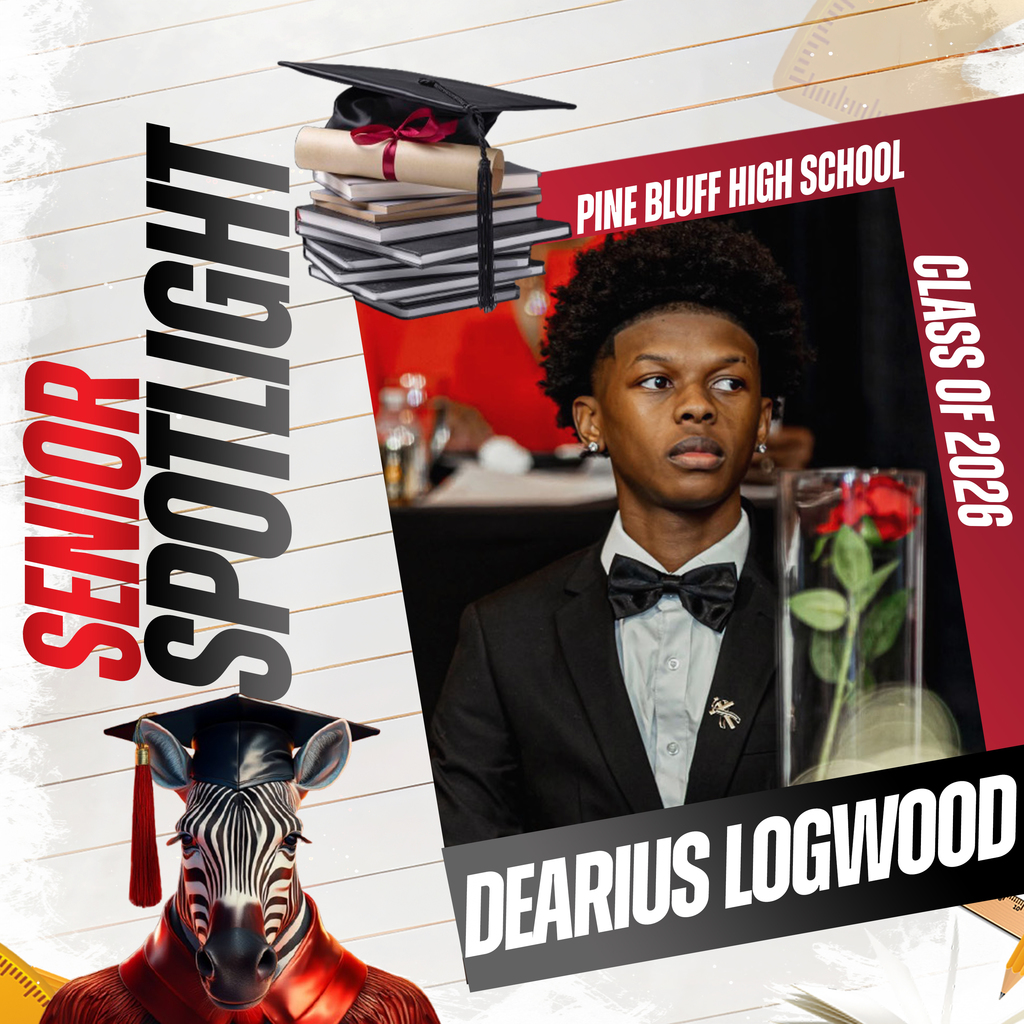 A collage features a student named Dearius Logwood with a graduation cap and gown, books, and a red rose.