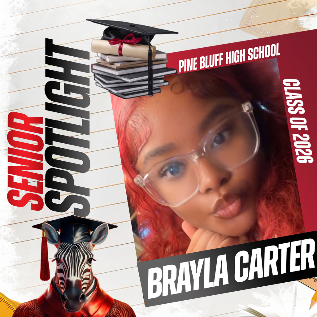 An image of a senior spotlight featuring a student named Brayla Carter, with a graduation cap and books.