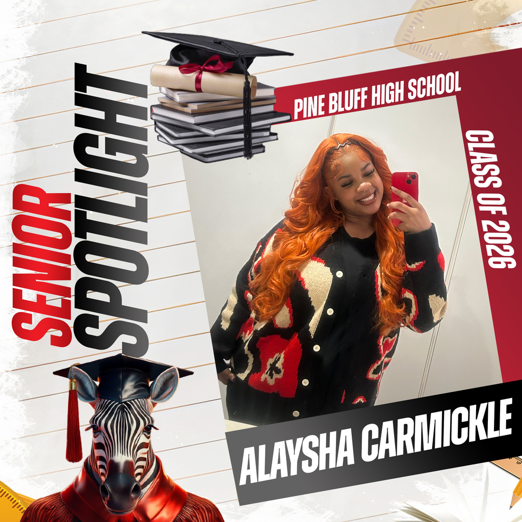 Collage with red background. A woman with red hair takes a selfie. Text reads "Senior Spotlight Class of 2026".