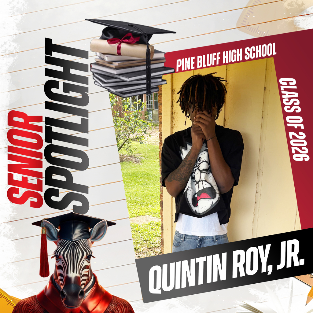 A graphic for a student, showing a person in front of a building, with text that reads "Senior Spotlight".